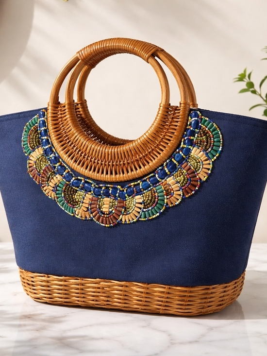 Straw Studios Handbags - Straw Studios Navy Canvas Tote with Woven Handles and Multicolor Bead Trim